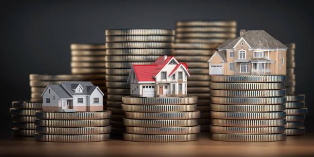 Houses of different size with different value on stacks of coins. Concept of  property, mortgage and real estate investment. Houses of different size with different value on stacks of coins. Concept of  property, mortgage and real estate investment.  3d illustration  Investing in Real Estate stock pictures, royalty-free photos & images