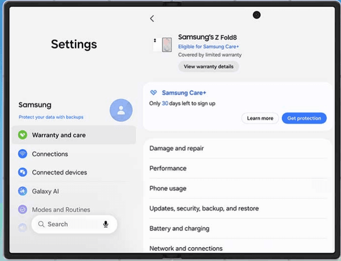 One UI 9 Warranty Menu